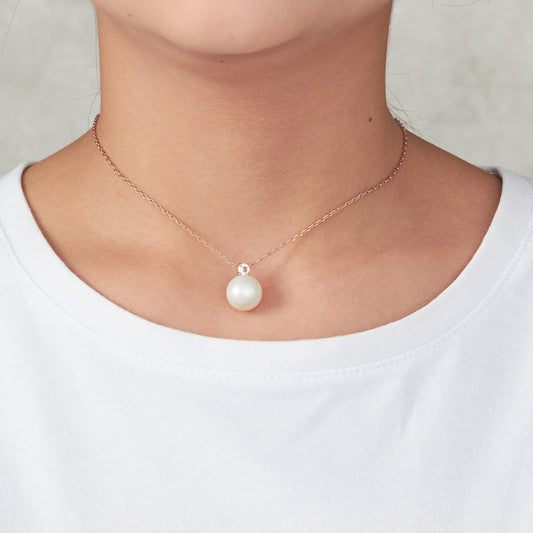 Rose Gold Plated Round Shell Pearl Necklace Created with Zircondia® Crystals