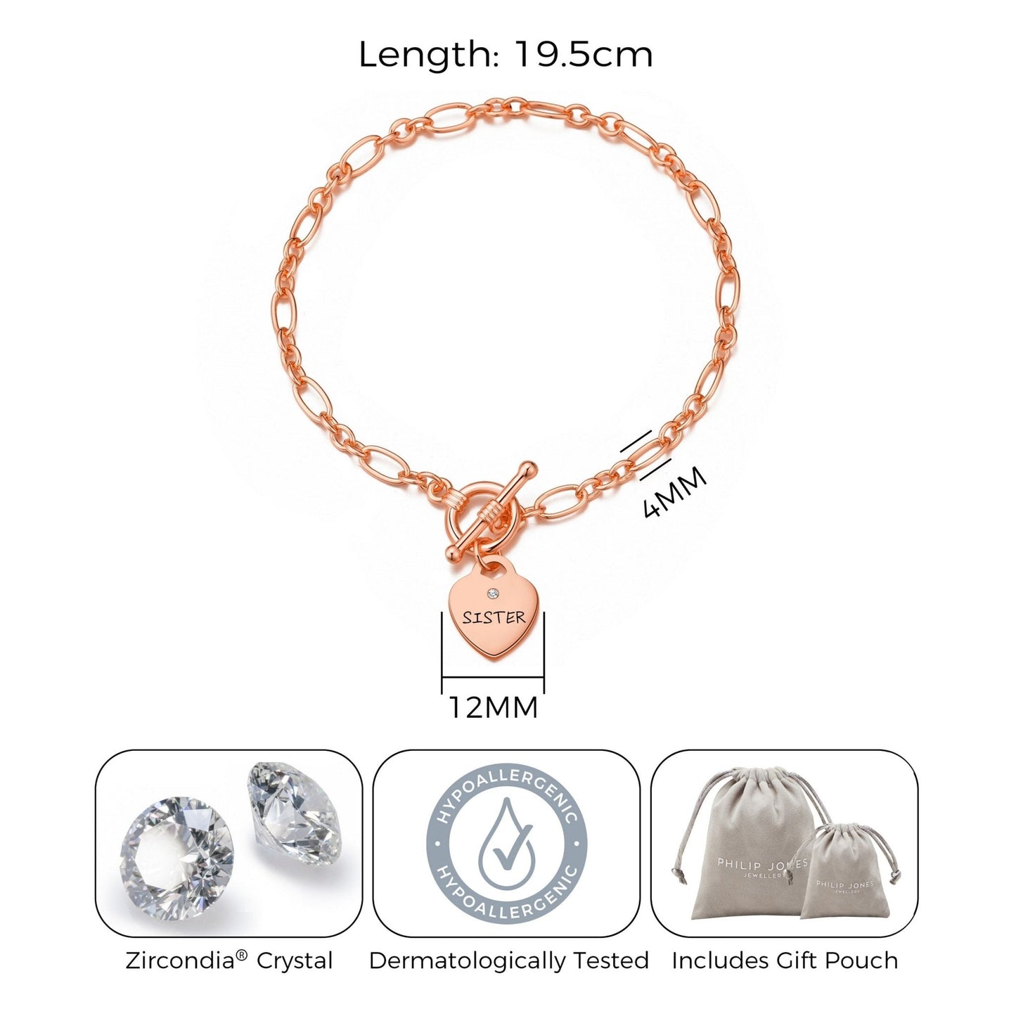 Rose Gold Plated Sister Charm Bracelet Created with Zircondia® Crystals
