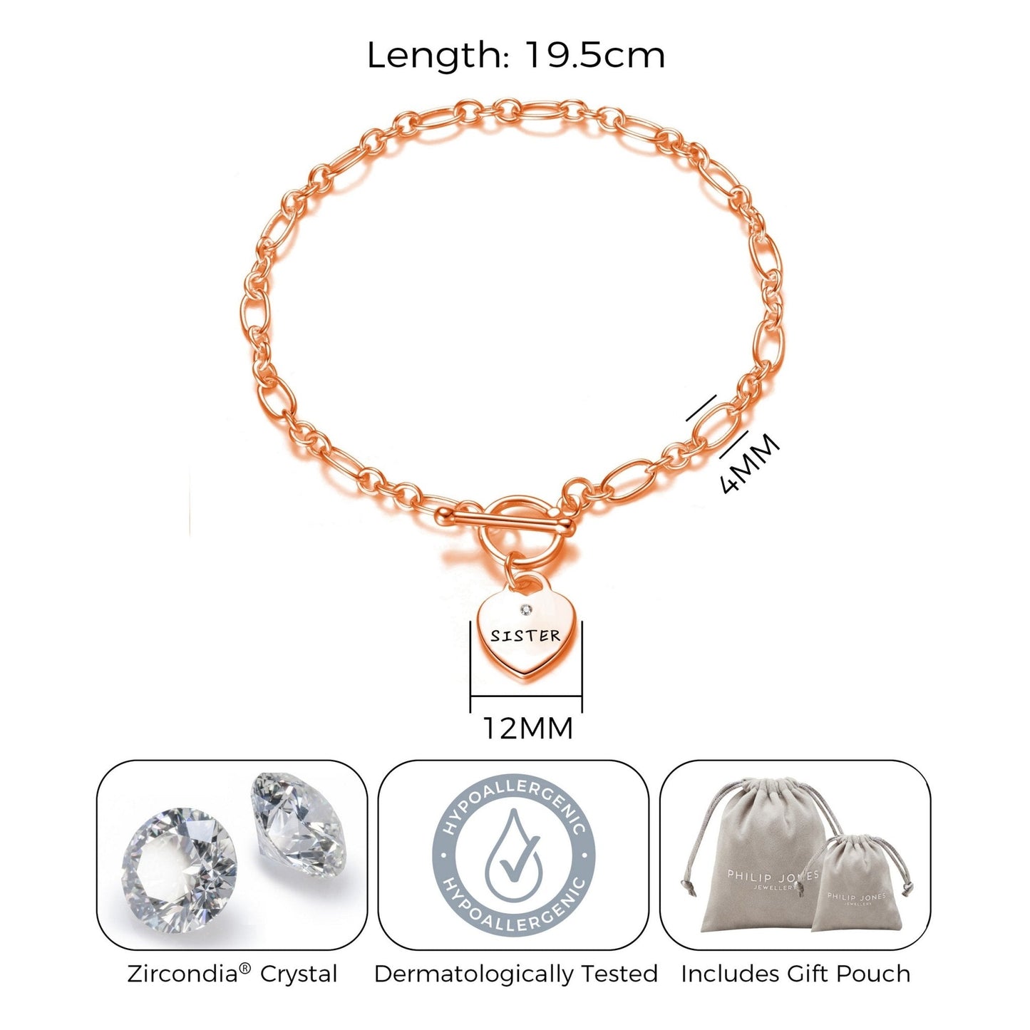 Rose Gold Plated Sister Friendship Quote Charm Bracelet Created with Zircondia® Crystals