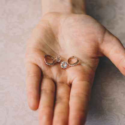 Rose Gold Plated Solitaire Drop Hoop Earrings Created with Zircondia® Crystals