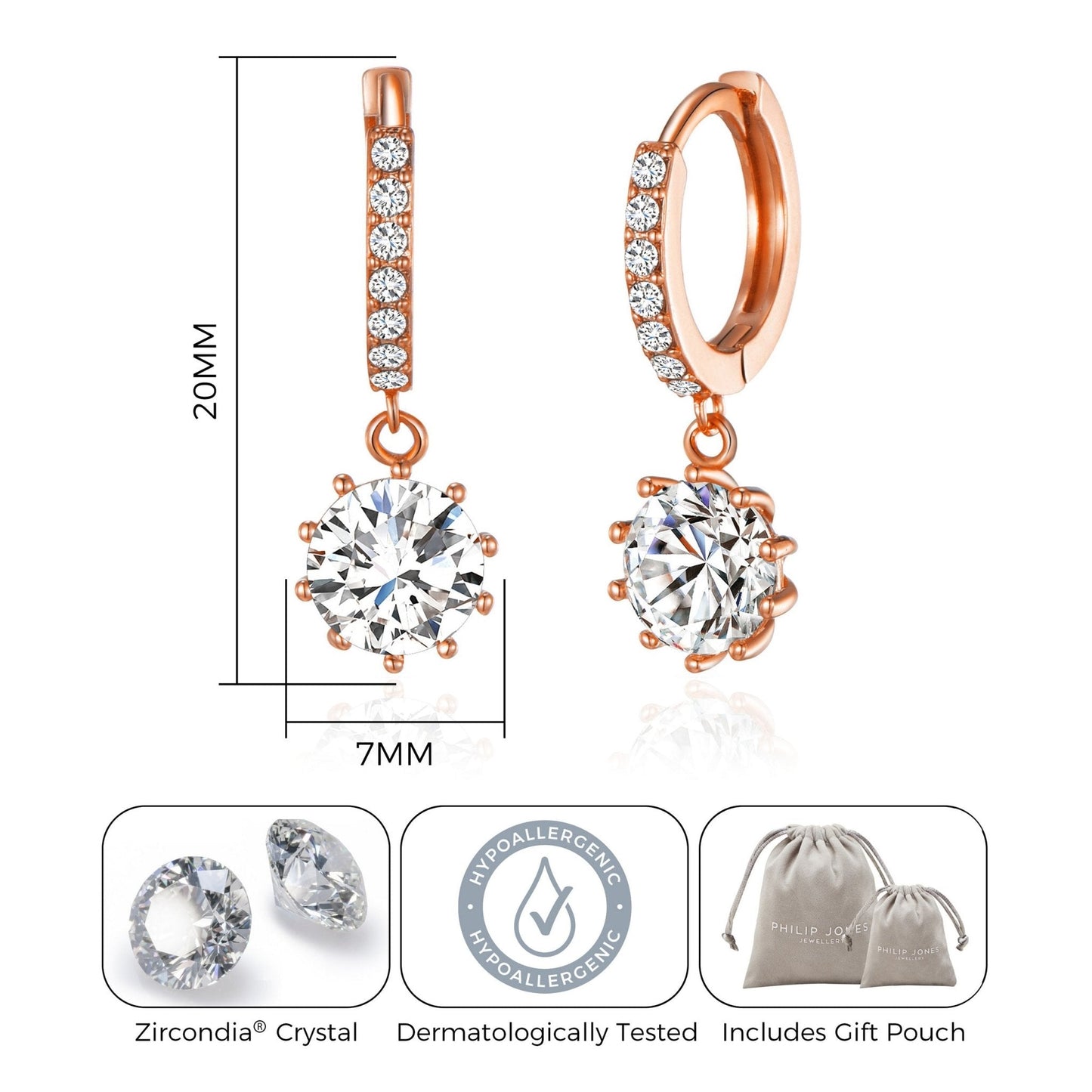 Rose Gold Plated Solitaire Drop Hoop Earrings Created with Zircondia® Crystals