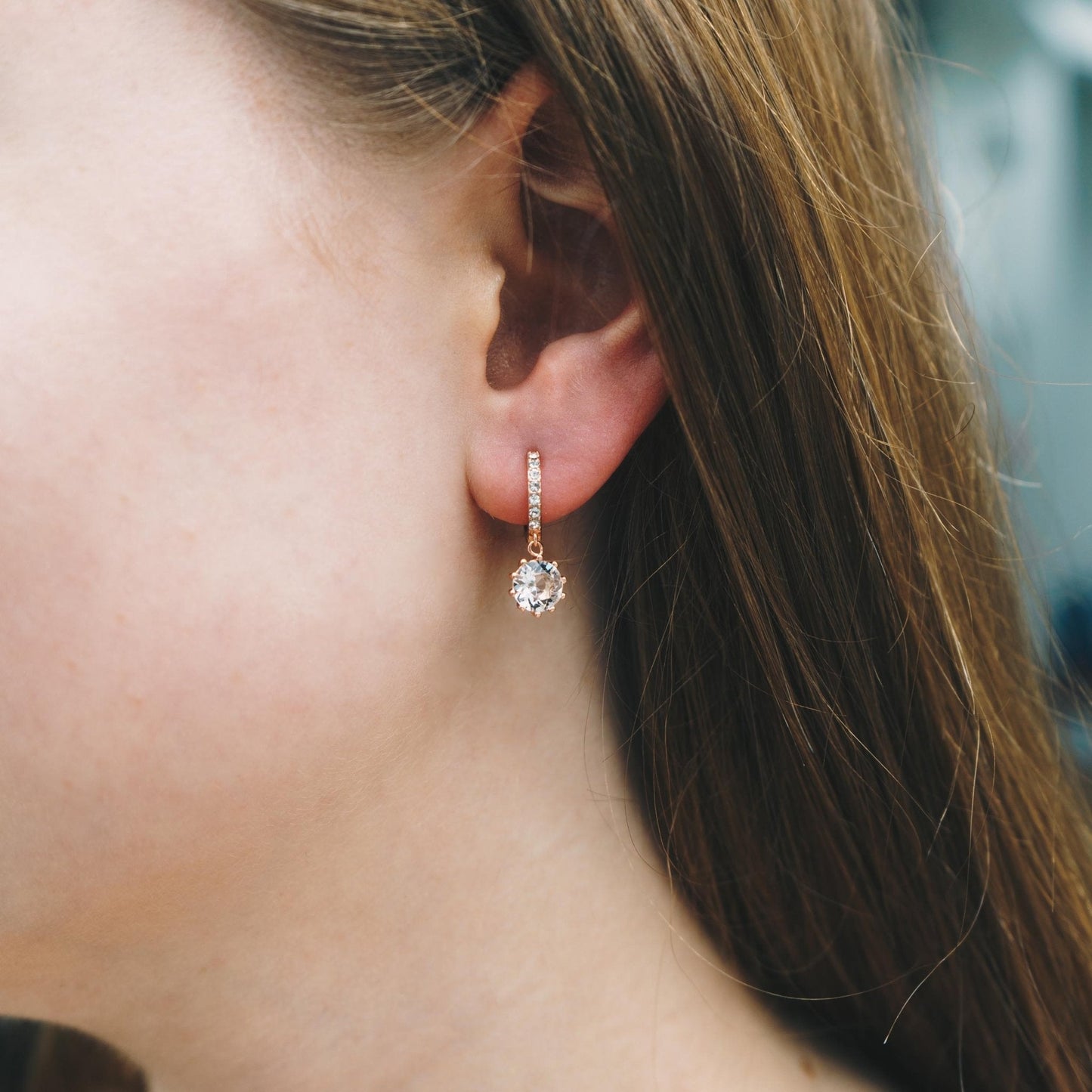 Rose Gold Plated Solitaire Drop Hoop Earrings Created with Zircondia® Crystals