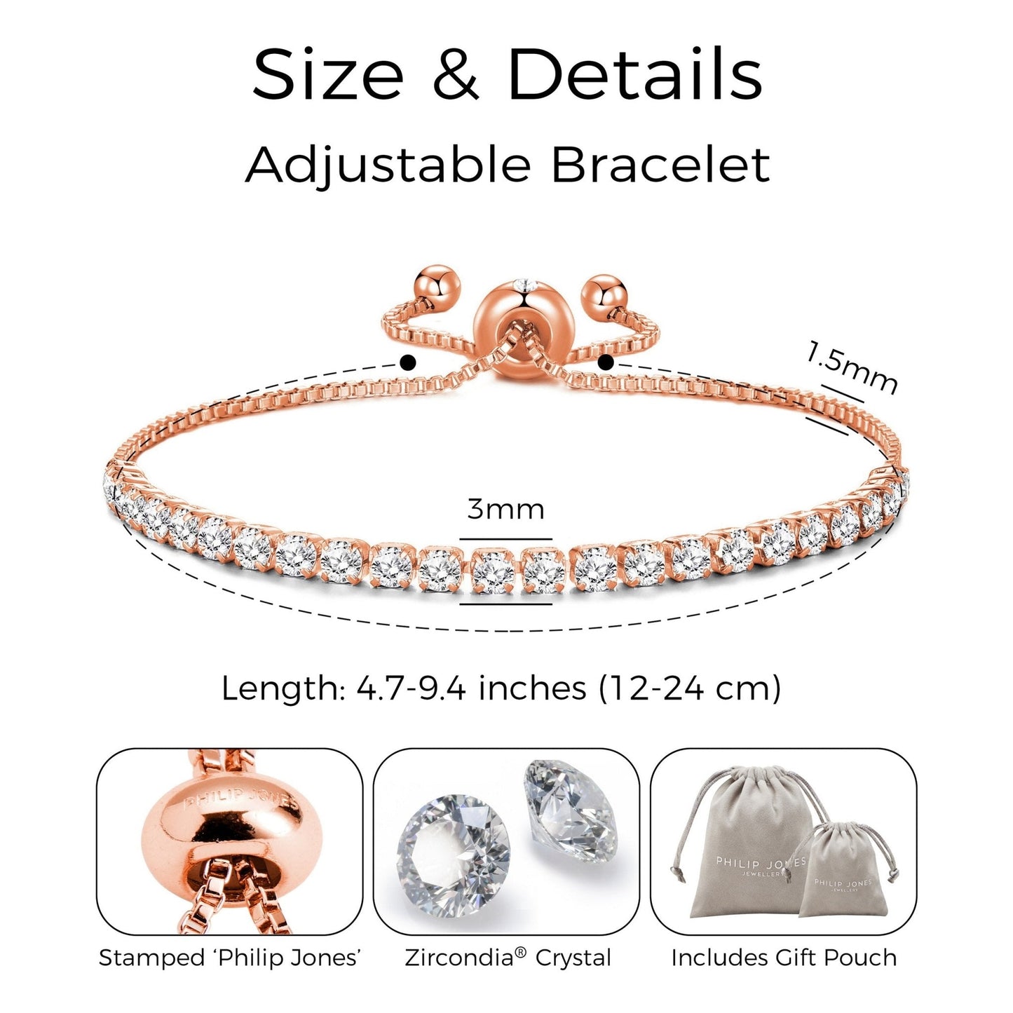 Rose Gold Plated Solitaire Friendship Bracelet Created with Zircondia® Crystals