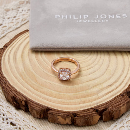 Rose Gold Plated Square Halo Ring Created with Zircondia® Crystals