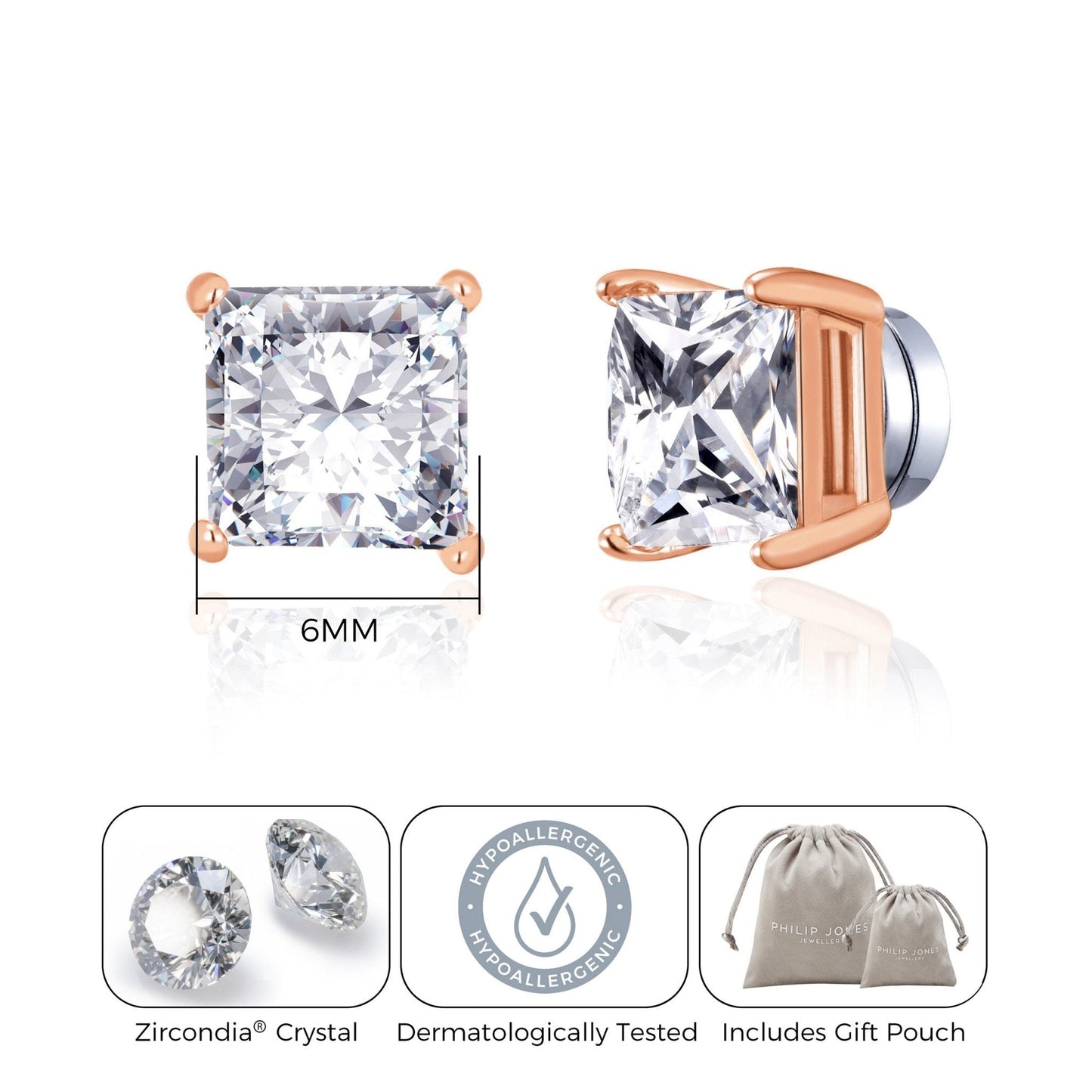 Rose Gold Plated Square Magnetic Clip On Stud Earrings Created with Zircondia® Crystals