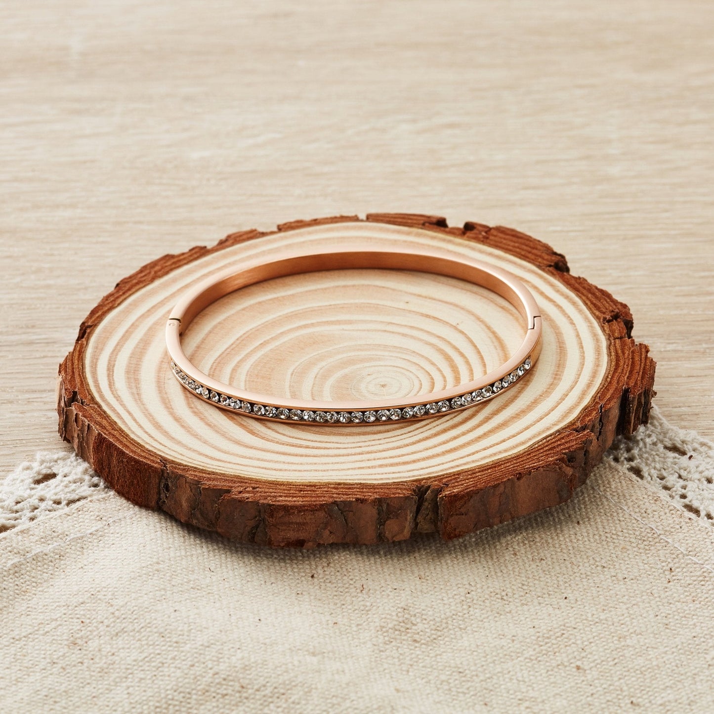 Rose Gold Plated Stainless Steel Channel Set Bangle Created with Zircondia® Crystals (7 Inch)