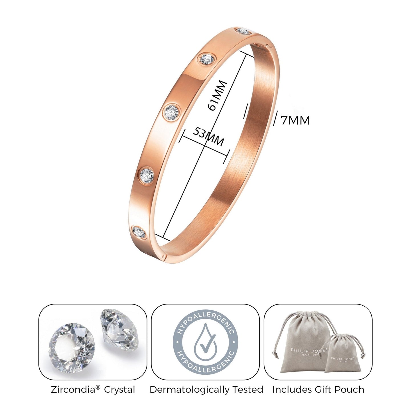 Rose Gold Plated Stud Bangle Created with Zircondia® Crystals (7 Inch)