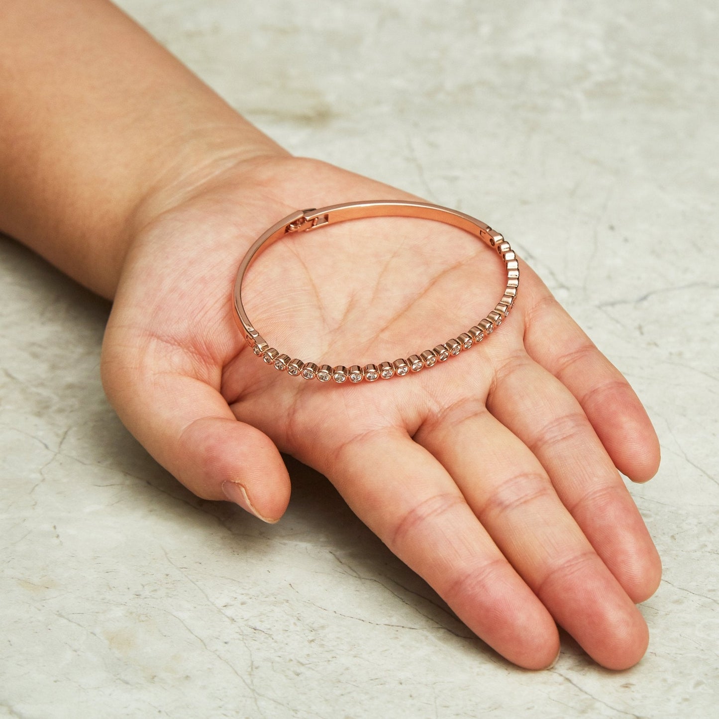 Rose Gold Plated Tennis Bangle Created with Zircondia® Crystals (7 Inch)