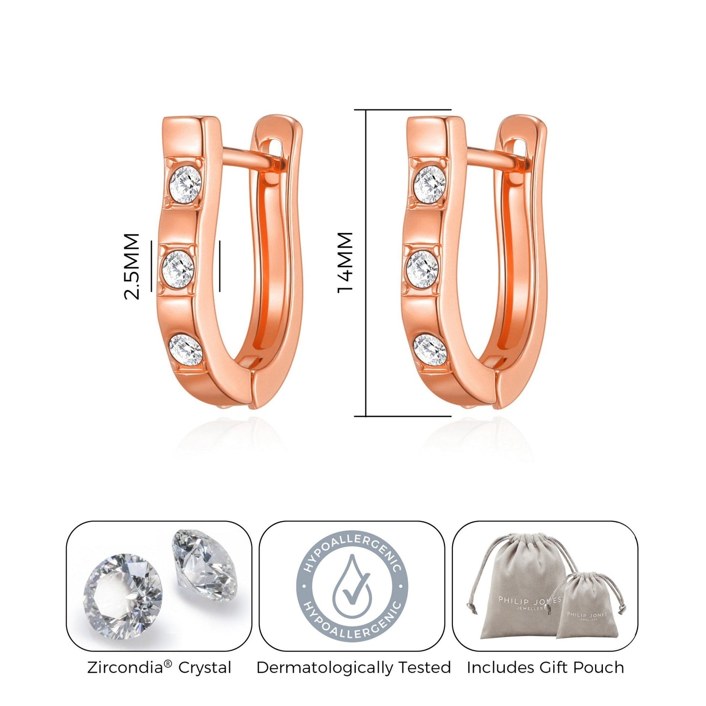 Rose Gold Plated Three Stone Hoop Earrings Created with Zircondia® Crystals