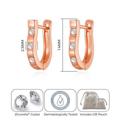 Rose Gold Plated Three Stone Hoop Earrings Created with Zircondia® Crystals