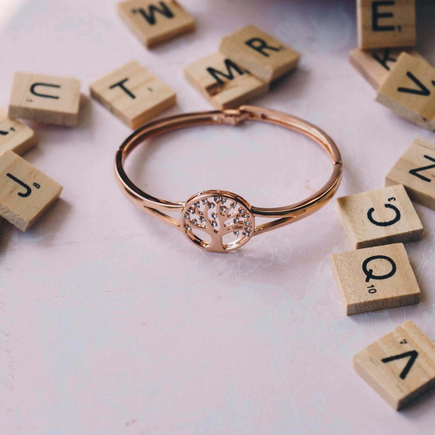 Rose Gold Plated Tree of Life Bangle Created with Zircondia® Crystals (7 Inch)
