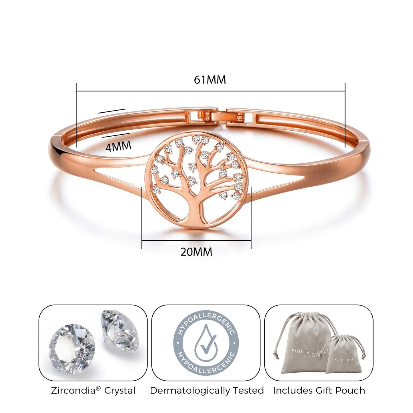Rose Gold Plated Tree of Life Bangle Created with Zircondia® Crystals (7 Inch)