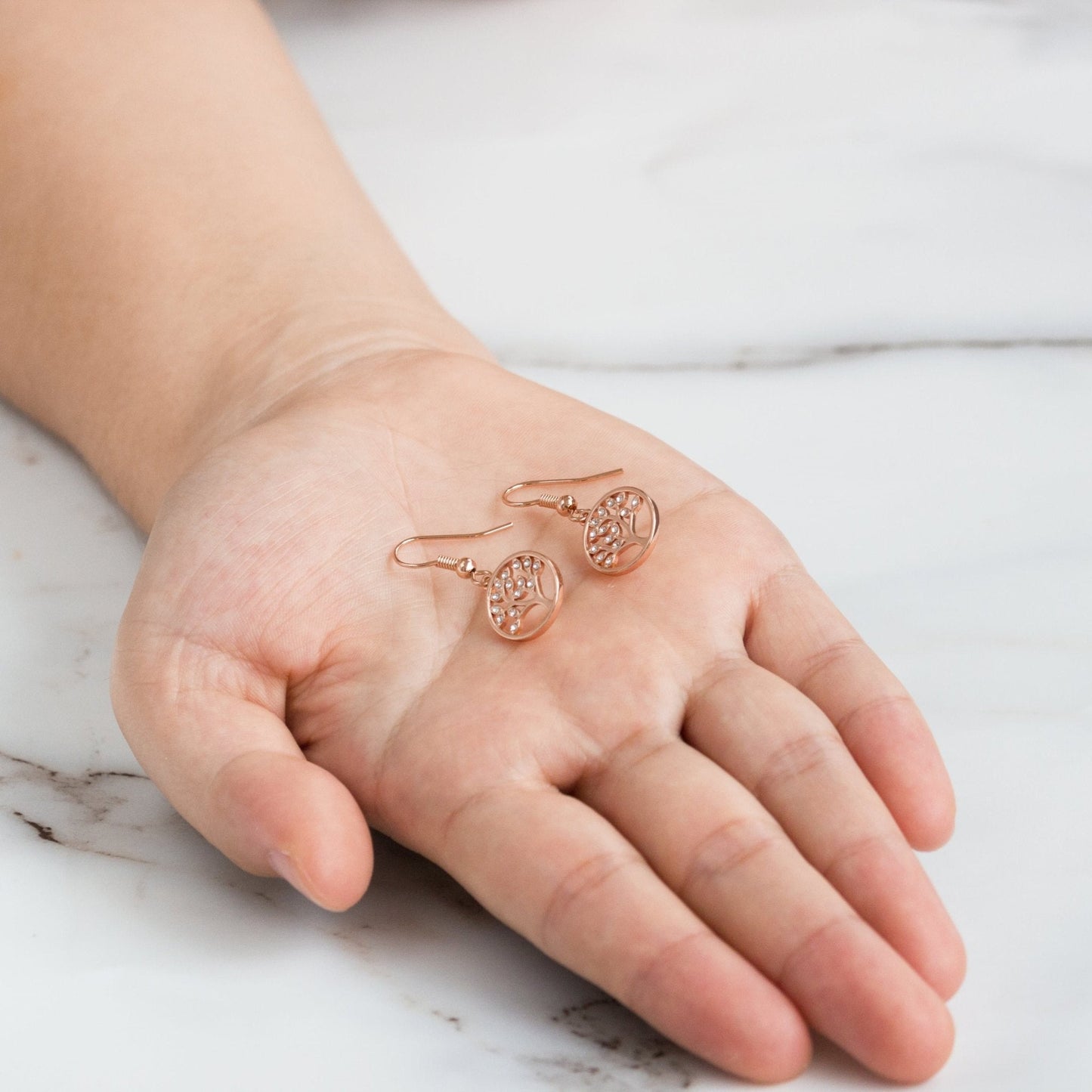 Rose Gold Plated Tree of Life Drop Earrings Created with Crystals from Zircondia®