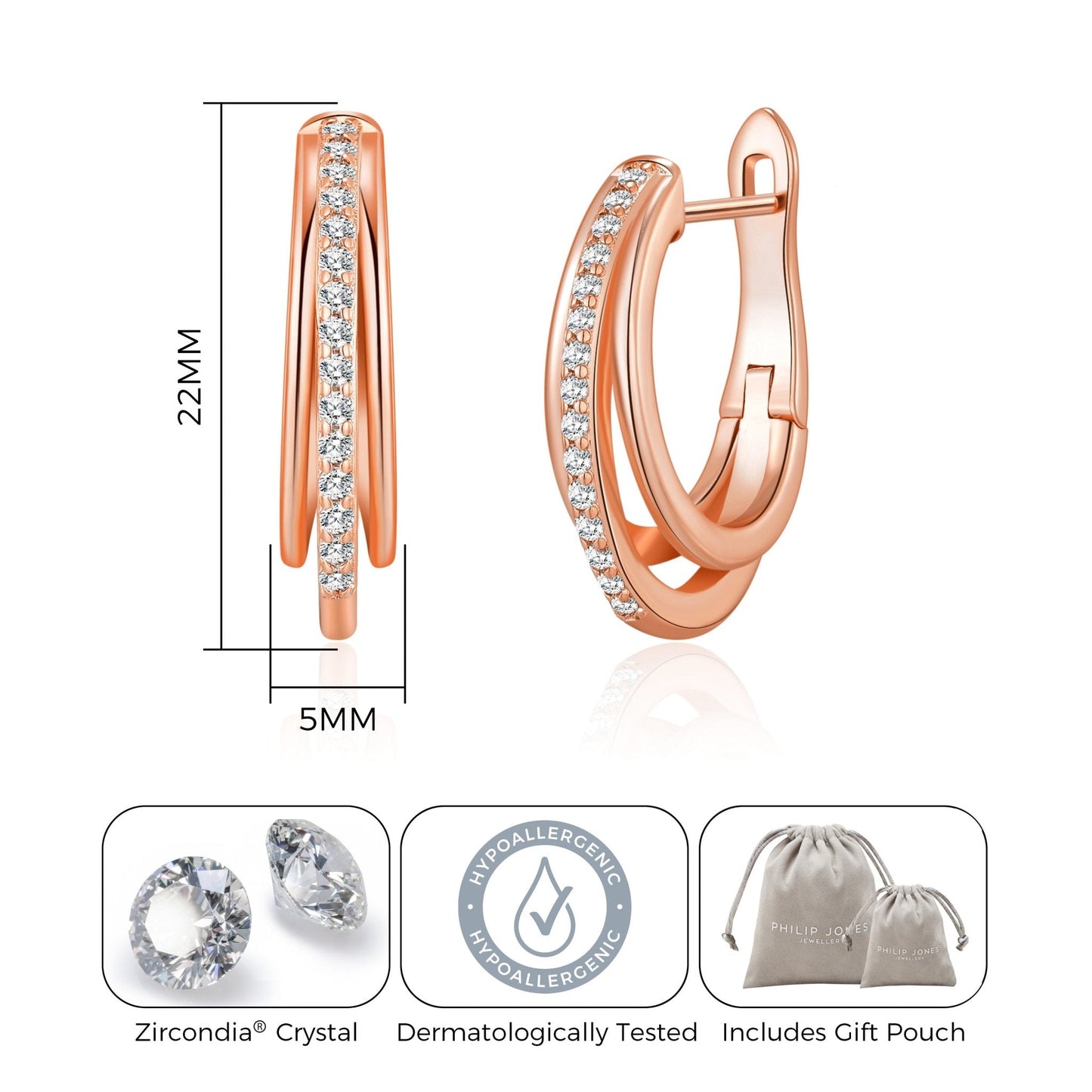 Rose Gold Plated Triple Illusion Hoop Earrings Created with Zircondia® Crystals