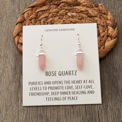 Rose Quartz Gemstone Drop Earrings with Quote Card