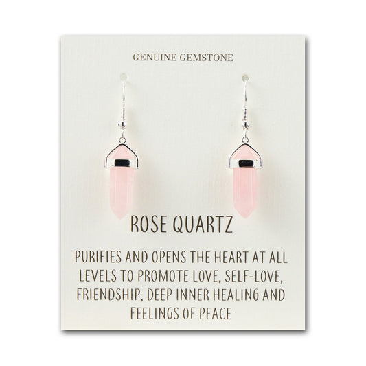 Rose Quartz Gemstone Drop Earrings with Quote Card