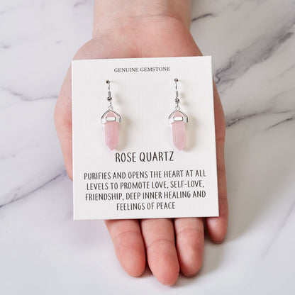 Rose Quartz Gemstone Drop Earrings with Quote Card
