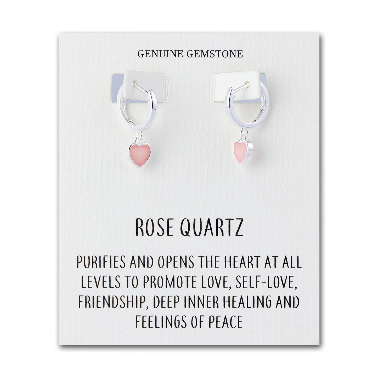Rose Quartz Gemstone Heart Charm Hoop Earrings with Quote Card