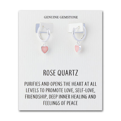 Rose Quartz Gemstone Heart Charm Hoop Earrings with Quote Card