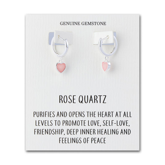 Rose Quartz Gemstone Heart Charm Hoop Earrings with Quote Card
