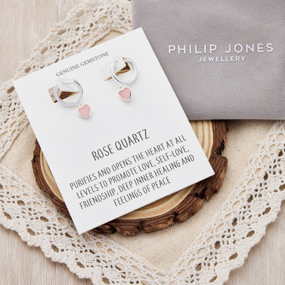 Rose Quartz Gemstone Heart Charm Hoop Earrings with Quote Card