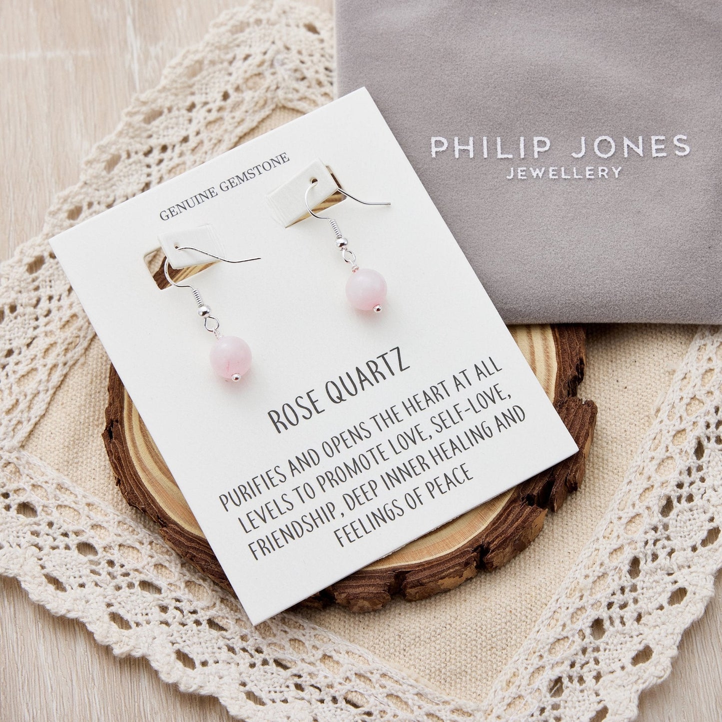 Rose Quartz Gemstone Round Drop Earrings with Quote Card
