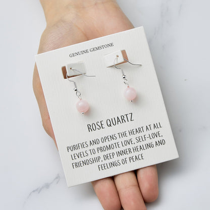 Rose Quartz Gemstone Round Drop Earrings with Quote Card