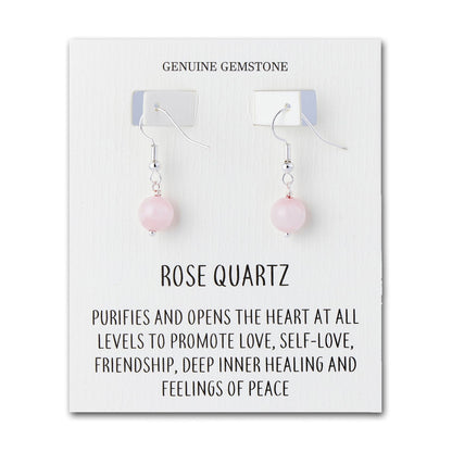 Rose Quartz Gemstone Round Drop Earrings with Quote Card