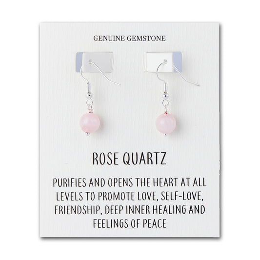 Rose Quartz Gemstone Round Drop Earrings with Quote Card