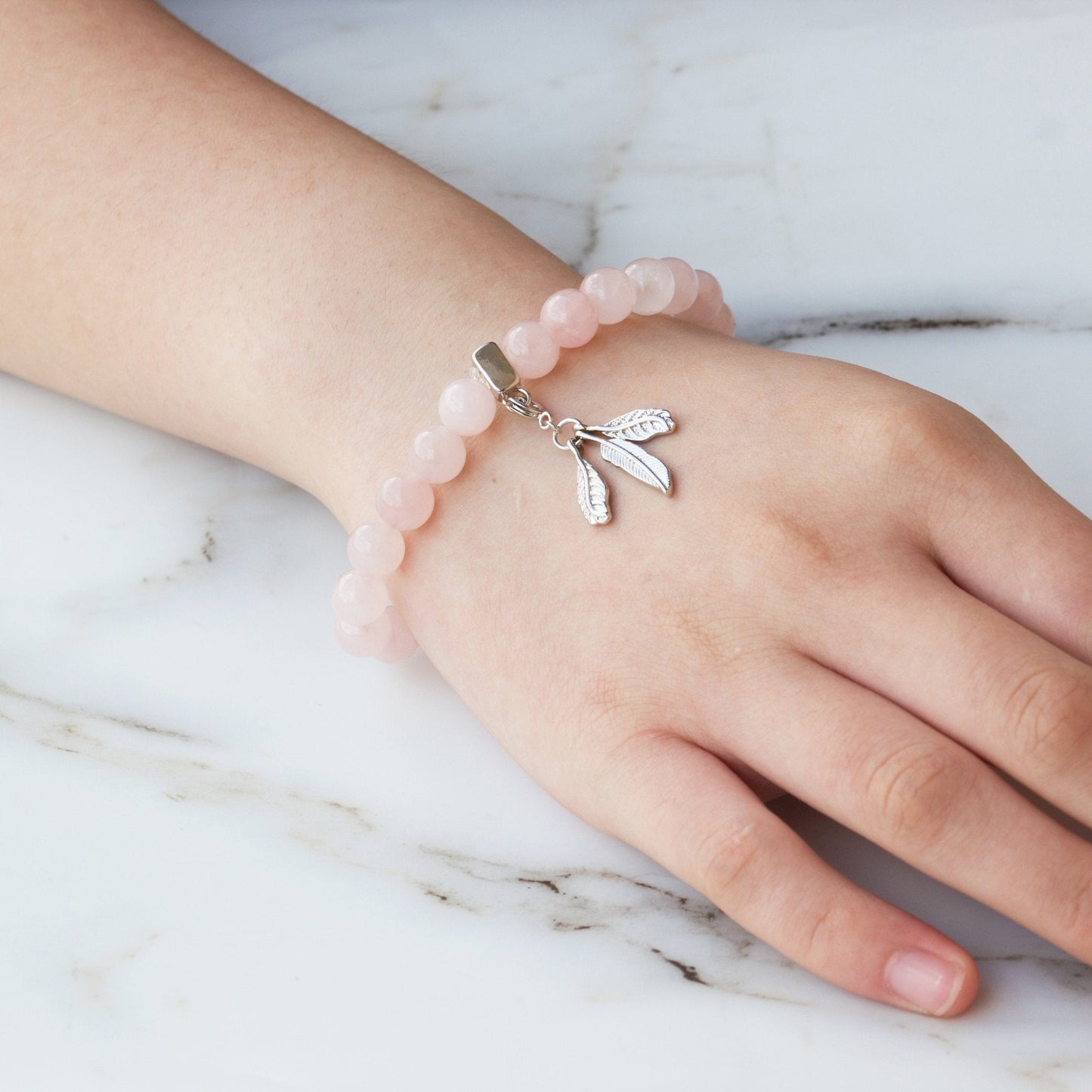 Rose Quartz Gemstone Stretch Bracelet with Charm Created with Zircondia® Crystals