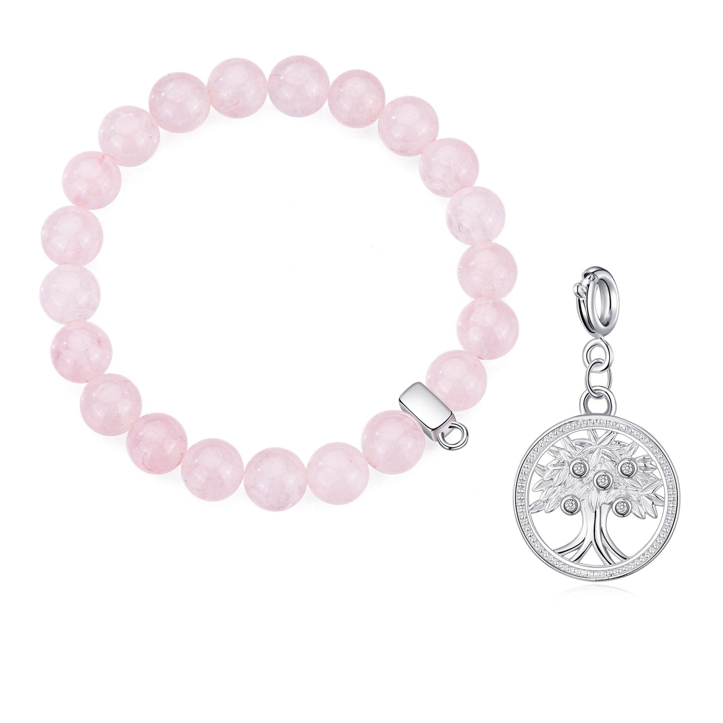 Rose Quartz Gemstone Stretch Bracelet with Charm Created with Zircondia® Crystals