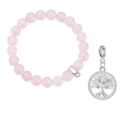 Rose Quartz Gemstone Stretch Bracelet with Charm Created with Zircondia® Crystals