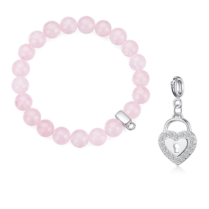 Rose Quartz Gemstone Stretch Bracelet with Charm Created with Zircondia® Crystals