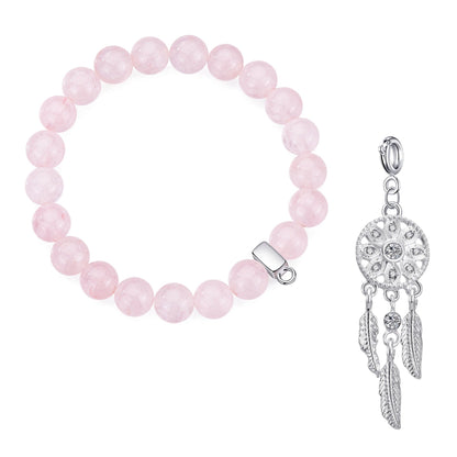 Rose Quartz Gemstone Stretch Bracelet with Charm Created with Zircondia® Crystals