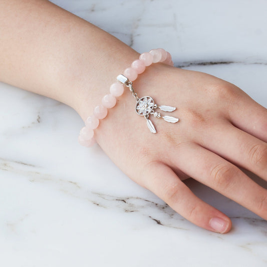 Rose Quartz Gemstone Stretch Bracelet with Charm Created with Zircondia® Crystals