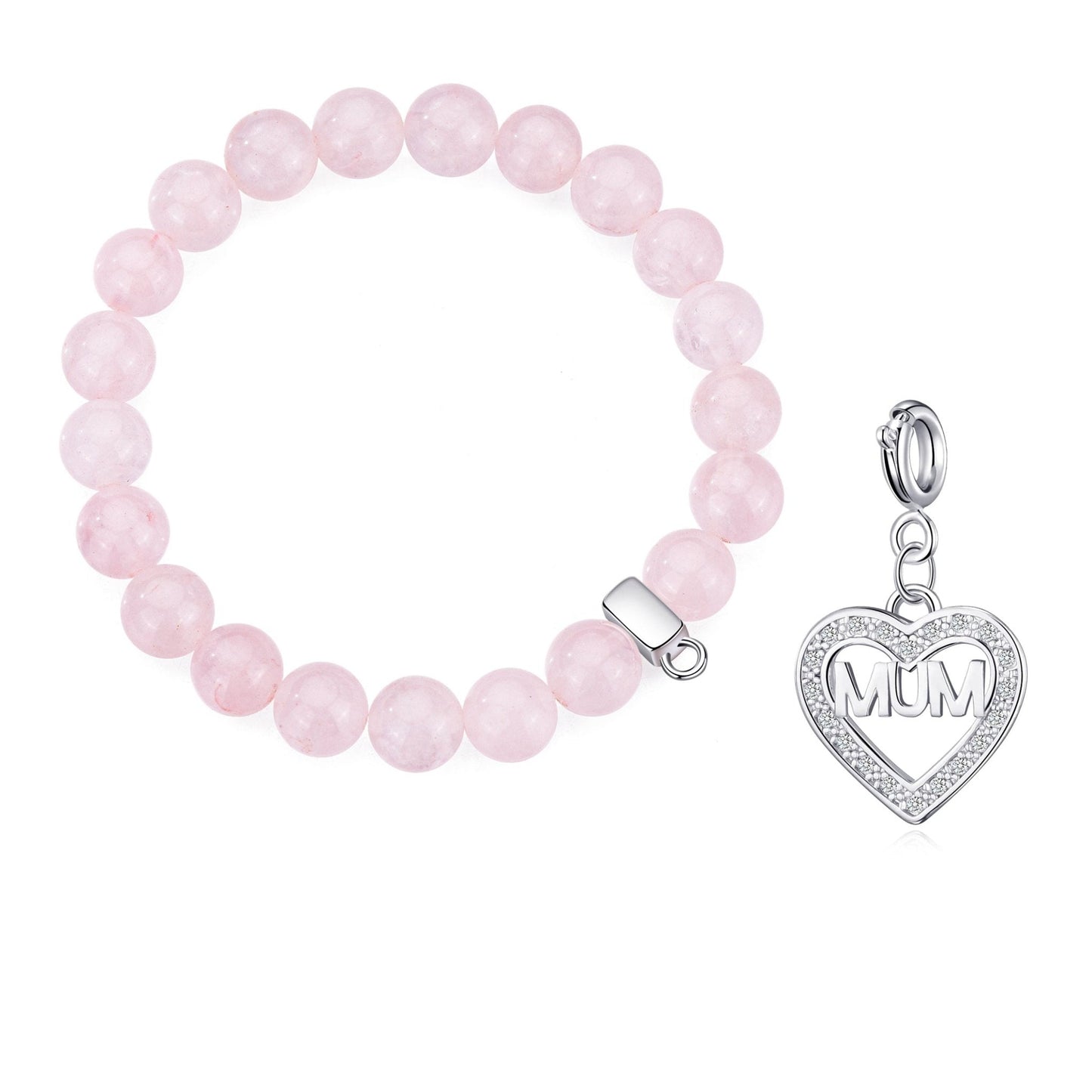 Rose Quartz Gemstone Stretch Bracelet with Charm Created with Zircondia® Crystals