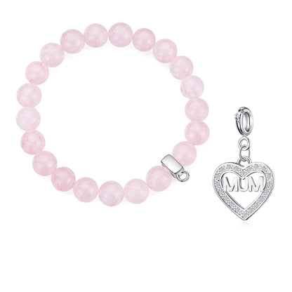 Rose Quartz Gemstone Stretch Bracelet with Charm Created with Zircondia® Crystals