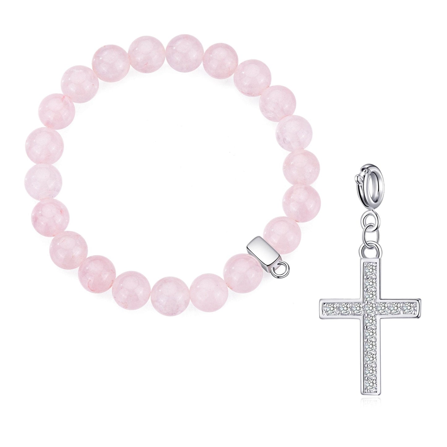 Rose Quartz Gemstone Stretch Bracelet with Charm Created with Zircondia® Crystals
