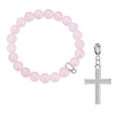 Rose Quartz Gemstone Stretch Bracelet with Charm Created with Zircondia® Crystals