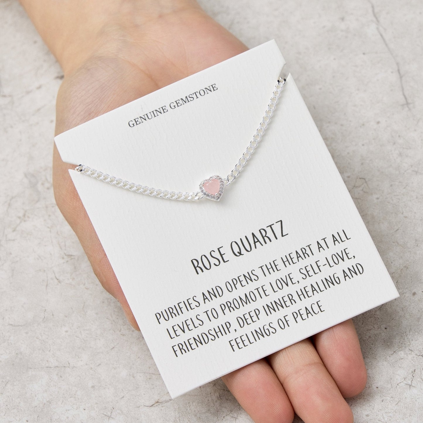 Rose Quartz Heart Gemstone Bracelet with Quote Card Created with Zircondia® Crystals