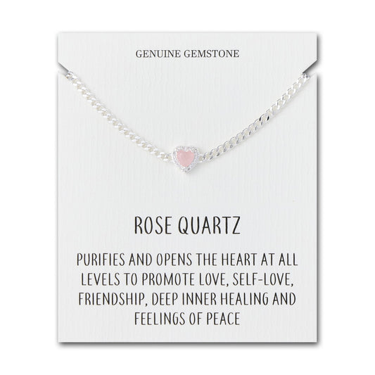 Rose Quartz Heart Gemstone Bracelet with Quote Card Created with Zircondia® Crystals