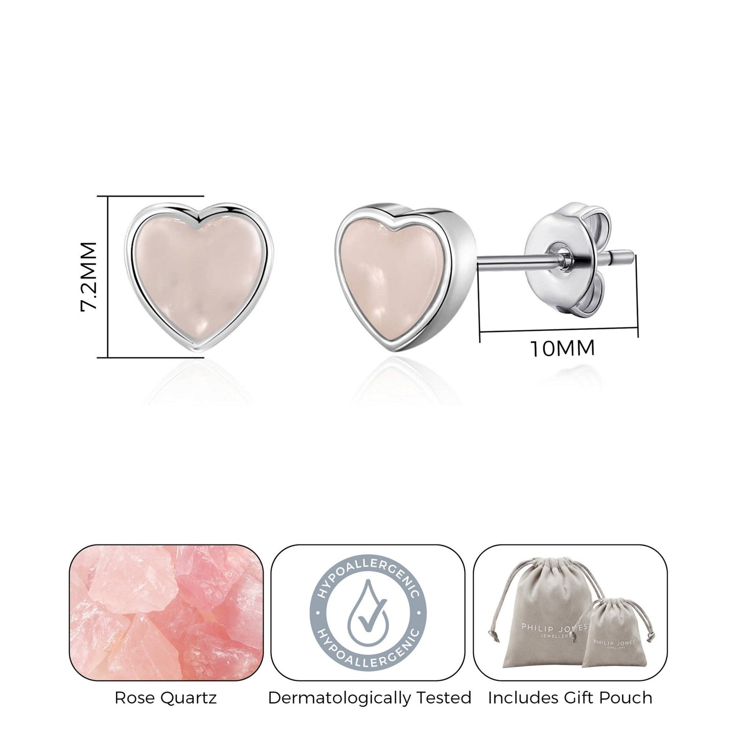 Rose Quartz Heart Stud Earrings