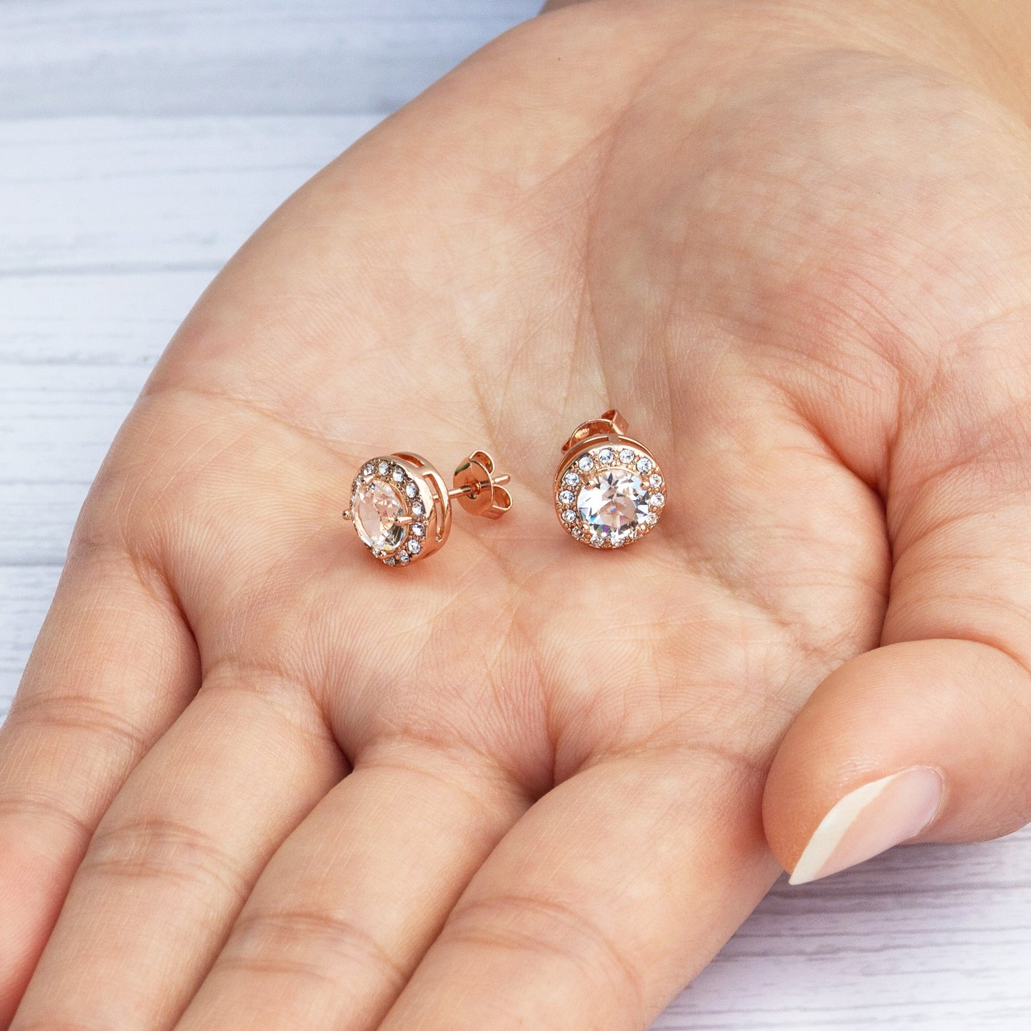 Rose Gold Plated Halo Earrings Created with Zircondia® Crystals