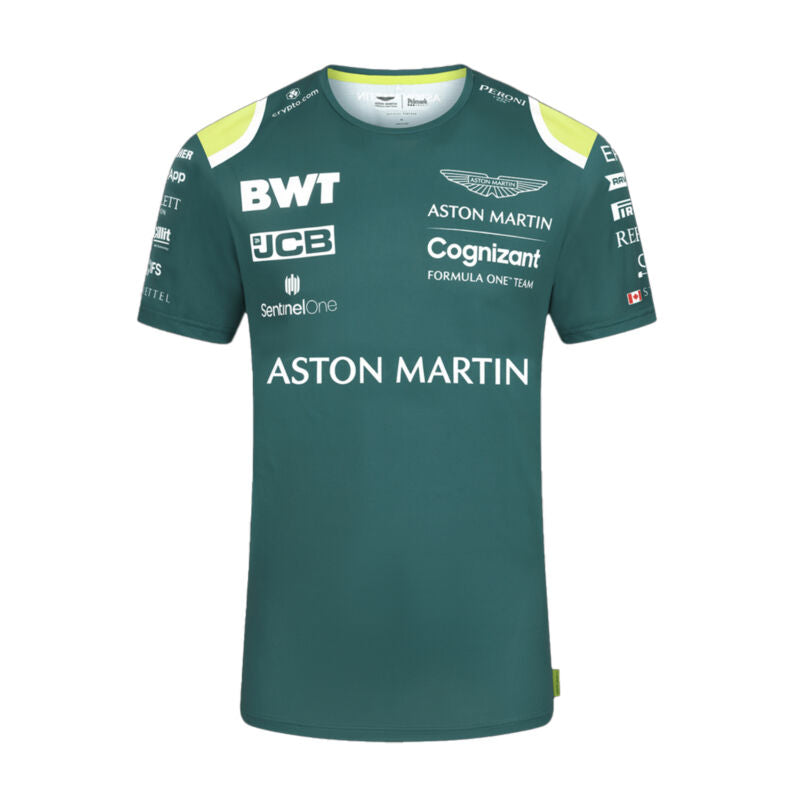T-shirt homme vert Aston Martin Cognizant F1 officiel à col rond et manches courtes