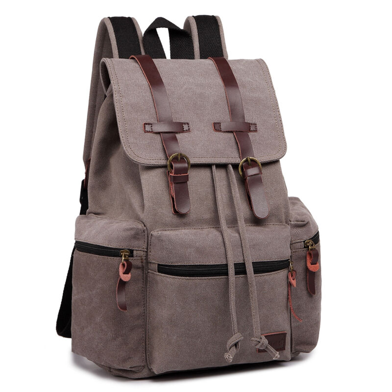 Sac à dos en toile et cuir véritable unisexe, grand sac à dos scolaire, sac à bandoulière