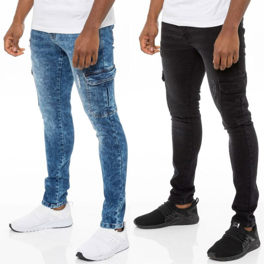 Enzo Jeans cargo skinny homme, délavé, coupe extensible, déchiré