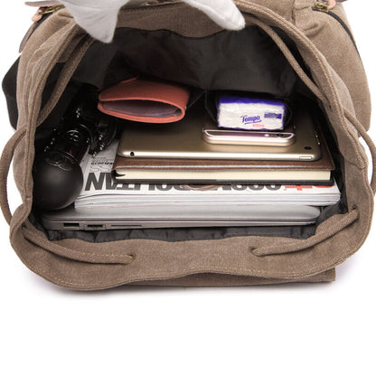 Sac à dos en toile et cuir véritable unisexe, grand sac à dos scolaire, sac à bandoulière