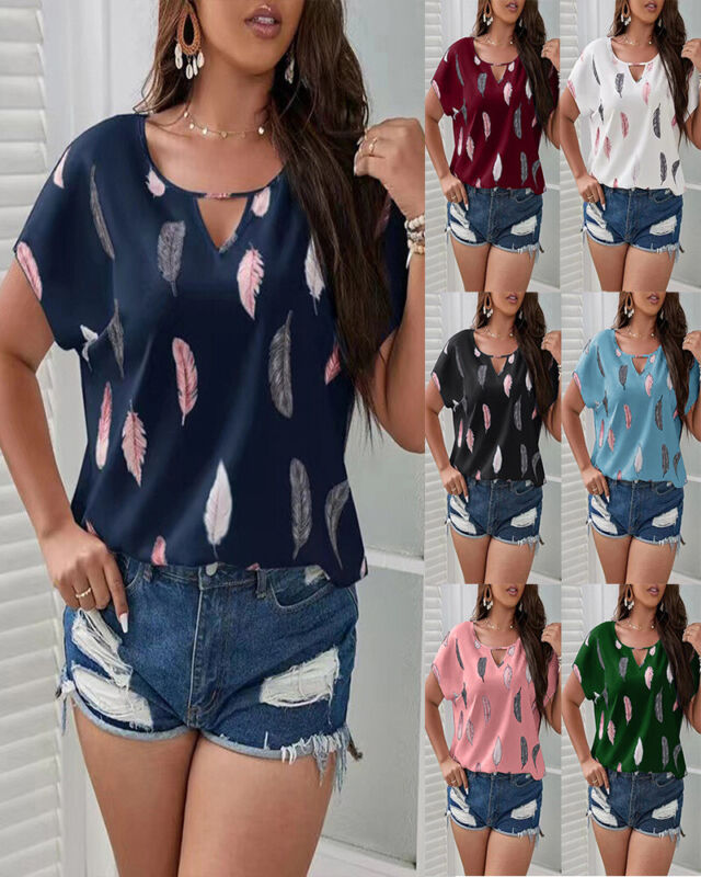 T-shirts Femme Grande Taille Manches Courtes Blouse Ample Col V Imprimée Hauts Tee