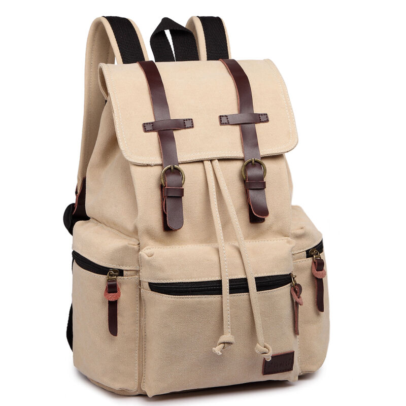 Sac à dos en toile et cuir véritable unisexe, grand sac à dos scolaire, sac à bandoulière