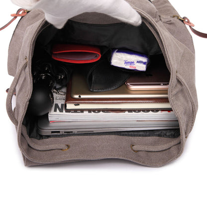 Sac à dos en toile et cuir véritable unisexe, grand sac à dos scolaire, sac à bandoulière